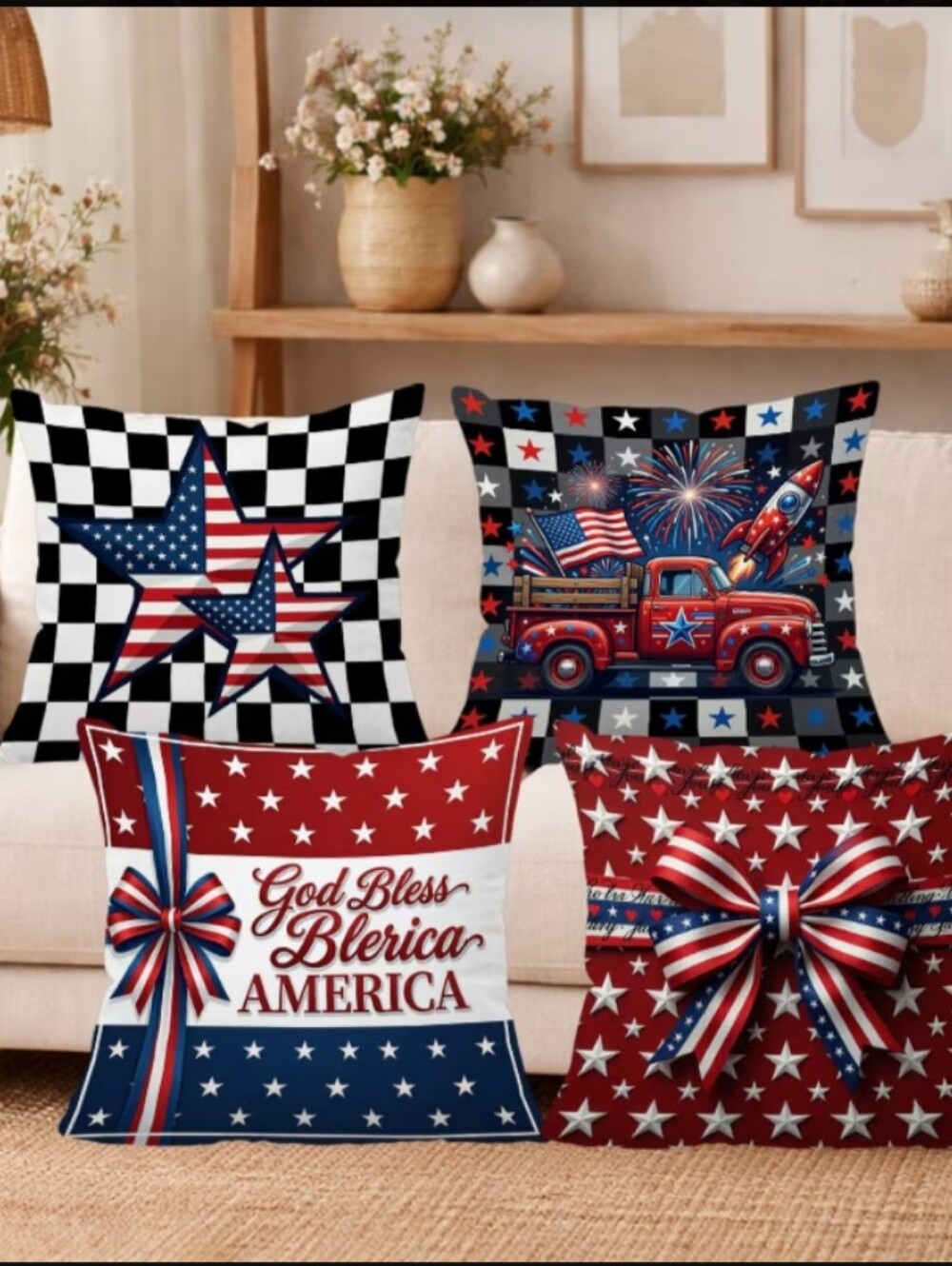 Patriotic 4-Pack Throw Pillow Covers - Red, White & Blue.  4 PCs